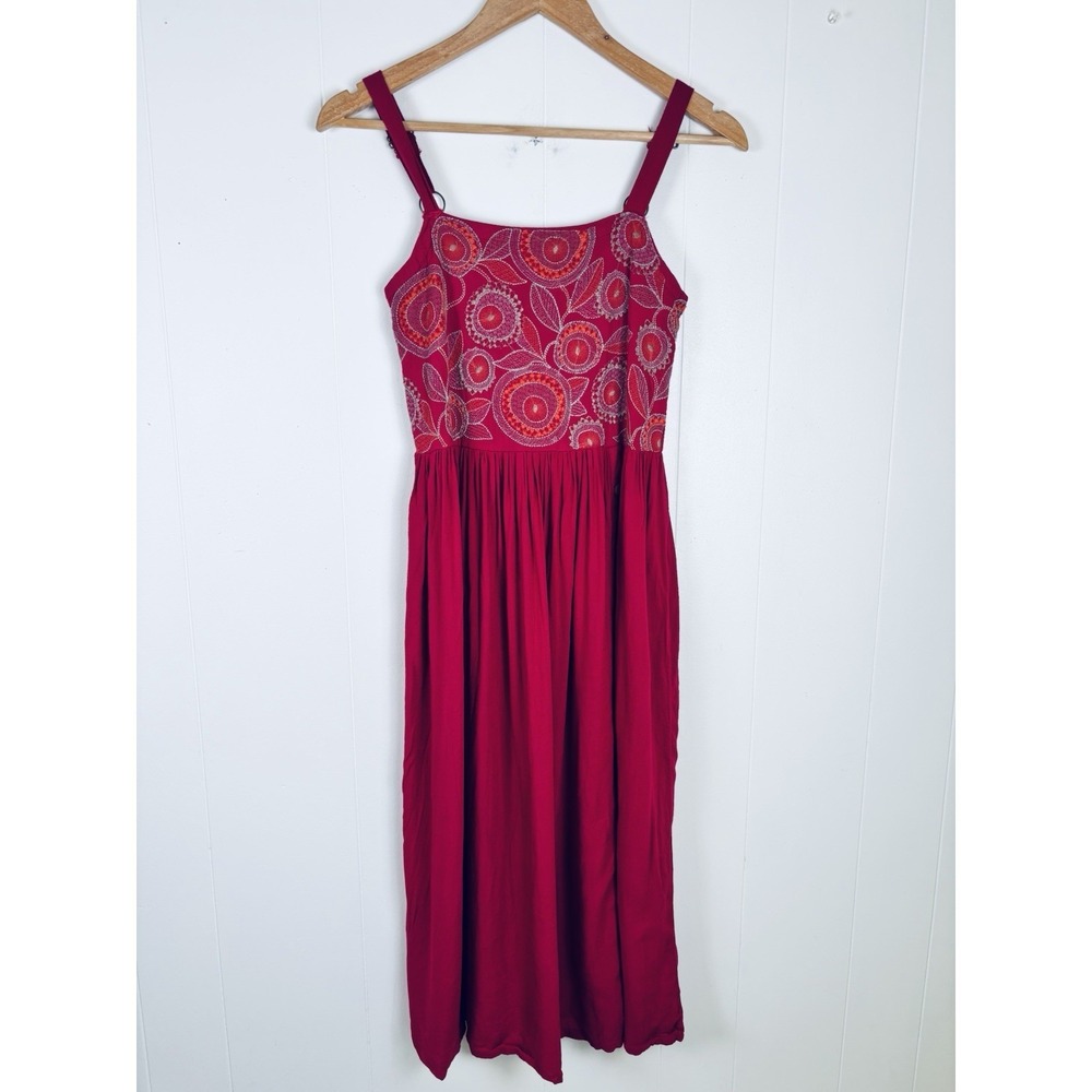 Max‎ Small Deep Pink Embroidered Smocked Boho Midi Dress Sleeveless Rayon